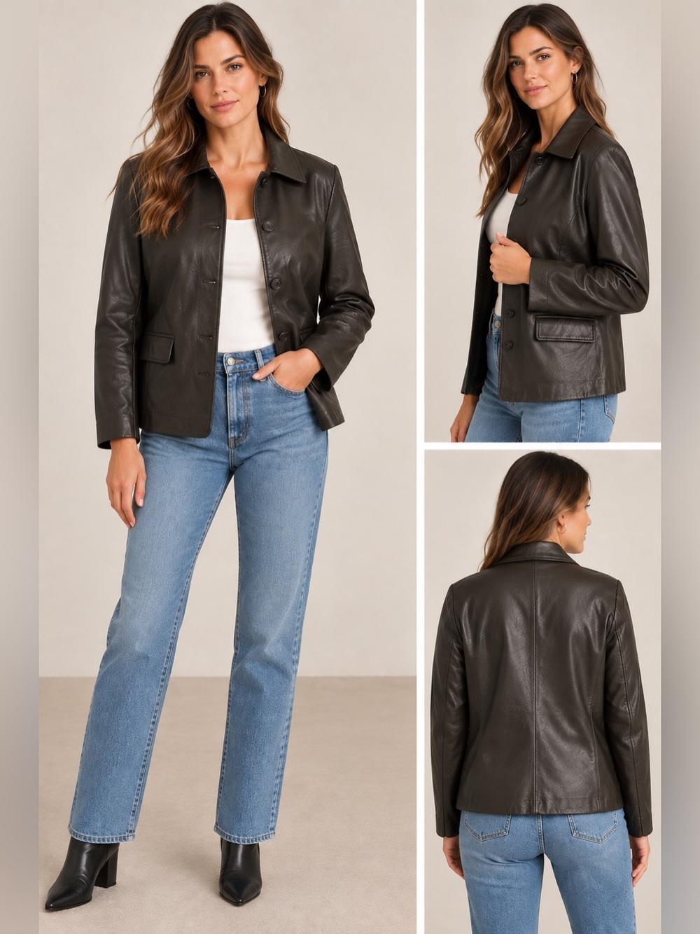 J.Crew Classic 100% Leather Black Button Front Jacket Blazer Size L